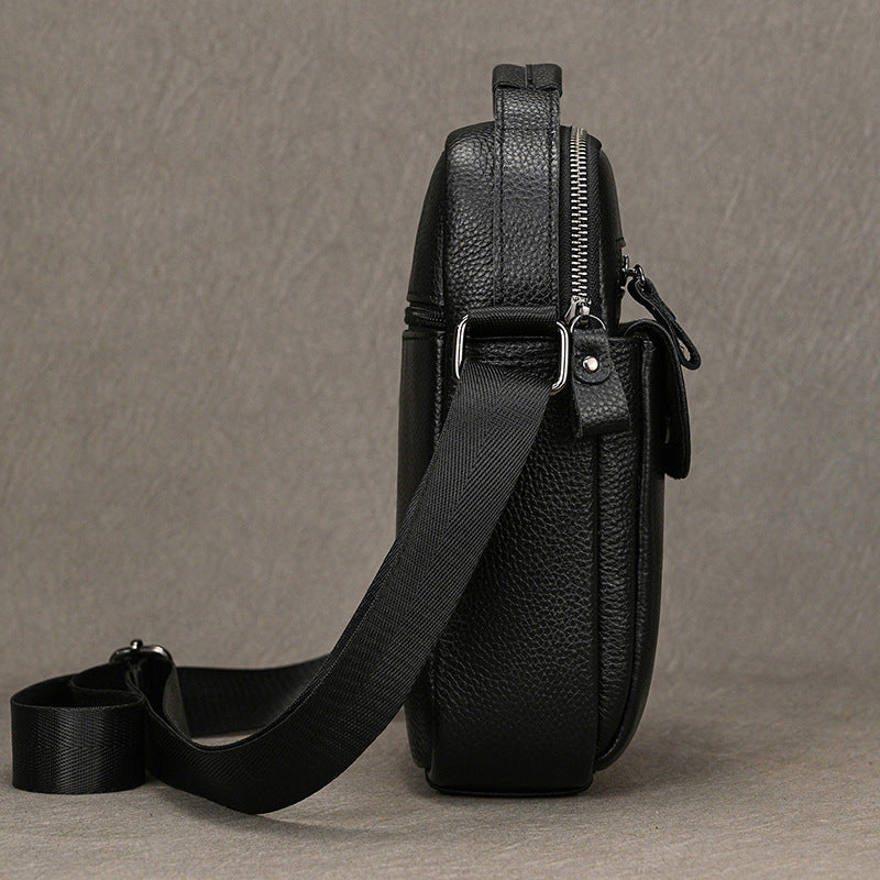 Genuine Black Cowhide Shoulder Crossbody Bag for Men, Fashionable Top Handle Pouch, iPad Tablet Casual Bag for Summer Fall for Gentlemen