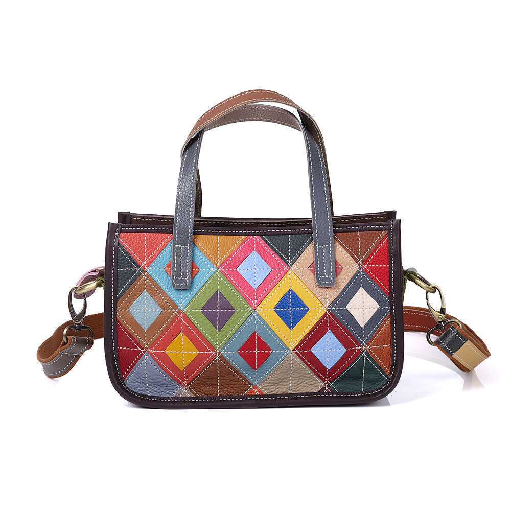 Premium Genuine Leather Quilted Patchwork Bag for Women | New Colorful Cowhide Top-Handle Shoulder Handbag with Artistic Diamond Stitching | Versatile Casual Purse for Work, Errands & Everyday Chic | Trendy Statement Accessory with Unique Multi-Color