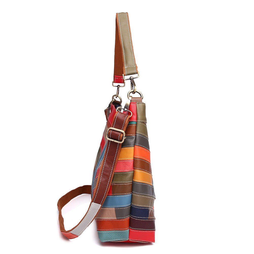 Genuine Cowhide Colorful Plaid Color Block Handbag for Women, New Top Handle Shoulder Purse, Trendy Everyday Bag for Ladies