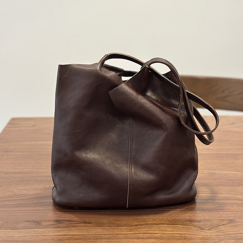 Genuine Leather Handmade Vintage Tote Bag for Women, New Minimalist Large Capacity Shoulder Top Handle Purse, Versatile Commute Handbag for Ladies