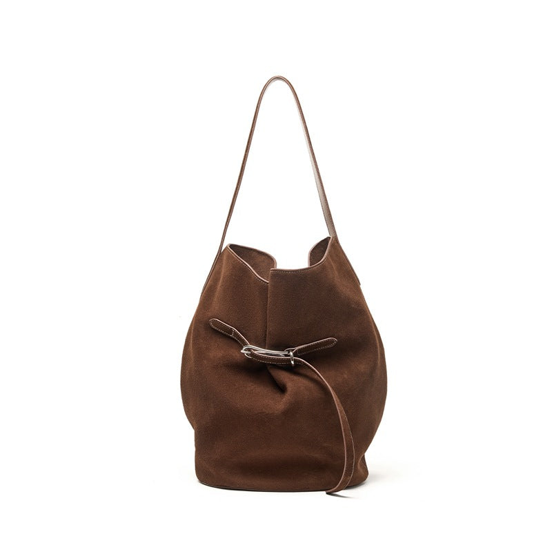 Genuine Top Layer Cowhide Bucket Tote Bag for Women, Korean Style Niche Fashionable Large Capacity Shoulder Top Handle Purse, Premium Handbag for Ladies
