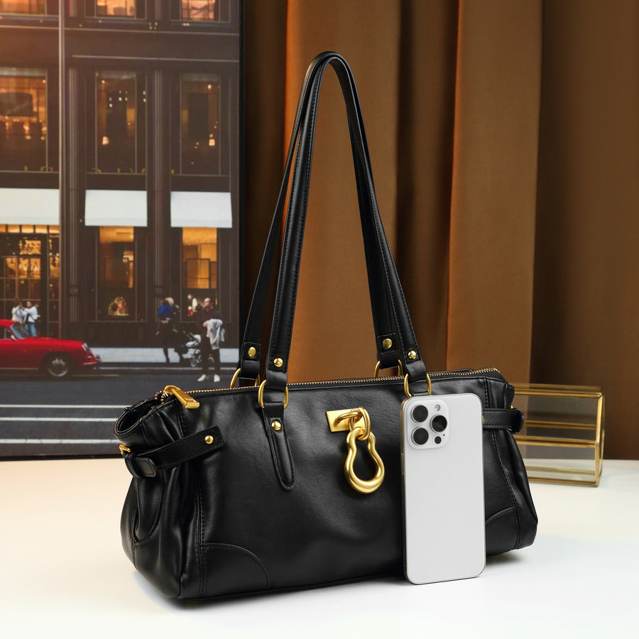 Vintage Metal Gourd Charm Baguette Bag for Women Large Capacity Top Handle Shoulder Pillow Purse with Unique Hardware Accent