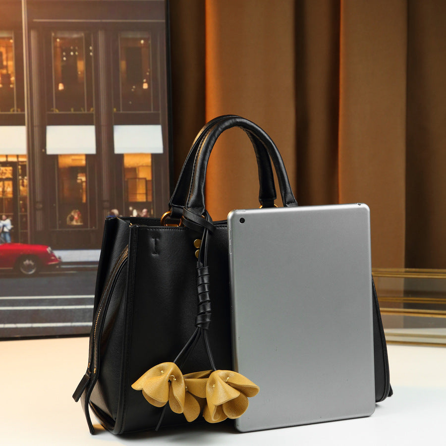 Classic Vintage Tote Bag with 3D Flower Charm and Metal Studs, Large Capacity Shoulder Handbag for Work Commute & Everyday Style