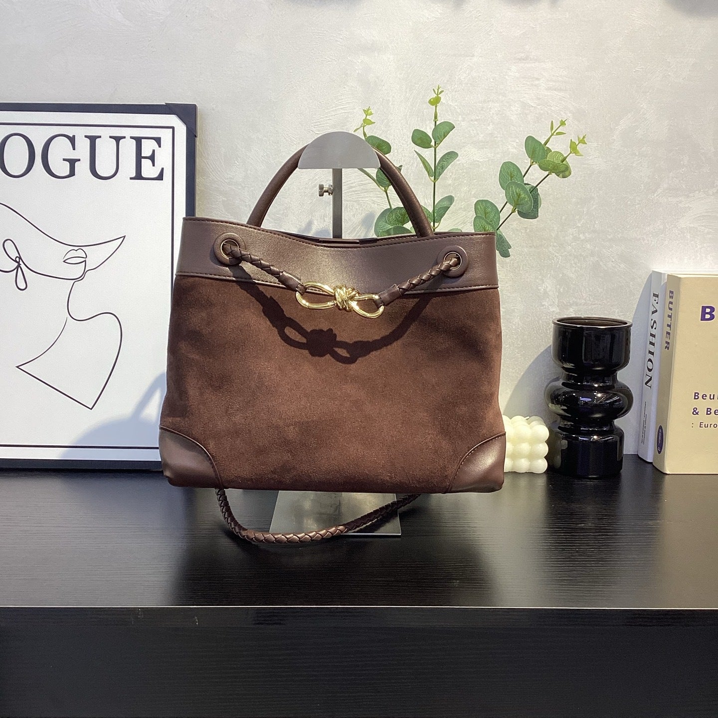 Suede Leather Woven Rope-Knot Handbag, Simple Elegant Shoulder & Crossbody Commuter Bag for Women
