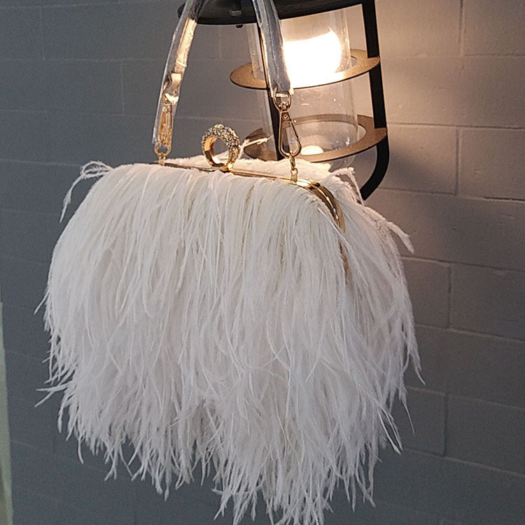 Genuine Ostrich Feather Handbag for Women, Trendy Chain Shoulder Top Handle Evening Purse, Fashionable Clutch Bag for Ladies
