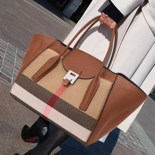New Plaid Wing Tote Bag in Genuine Cowhide, Large Capacity Fashionable Top Handle Shoulder Handbag, Trendy Leather Purse for Women