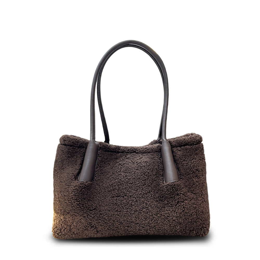 New Fall/Winter Lamb Wool Shoulder Tote, Large High-End Stylish Commuter Bag for Women