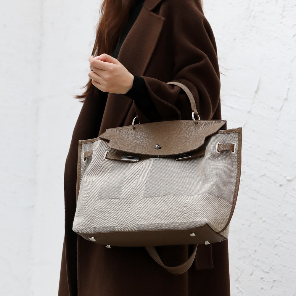 Chic Canvas & Leather Birkin-Inspired Tote Bag for Women, Vintage Large Capacity Shoulder Top-Handle Handbag with Premium Design, Perfect Commuter Purse