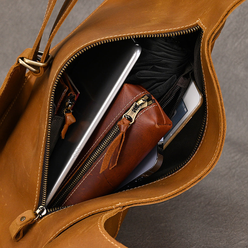 Crazy Horse Leather Vest Style Backpack, Cool Brown Bicycle Sports Daypack, Unique Genuine Cowhide Bag for Men