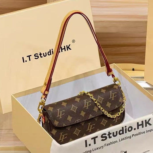 Genuine Leather Monogram Small Square Crossbody Bag for Women, New Spring Summer Classic Shoulder Top Handle Purse, Niche Designer Handbag for Ladies