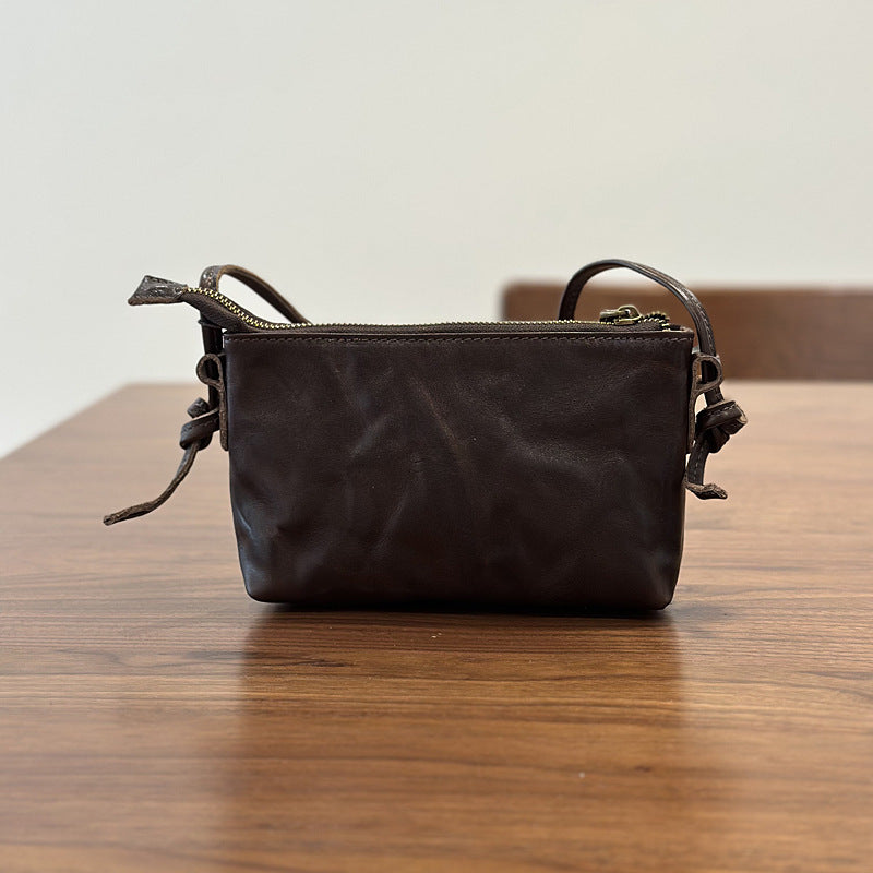 New Vintage Niche Genuine Leather Mini Phone Crossbody Bag, Textured Shoulder Purse, Versatile Commute Handbag for Women