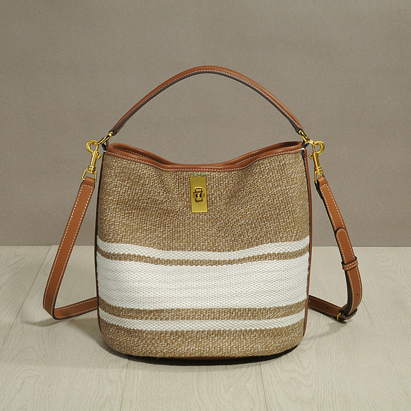 Spring Summer New Cowhide Leather Bucket Bag Large Capacity Shoulder Crossbody Handbag Casual Versatile Tote