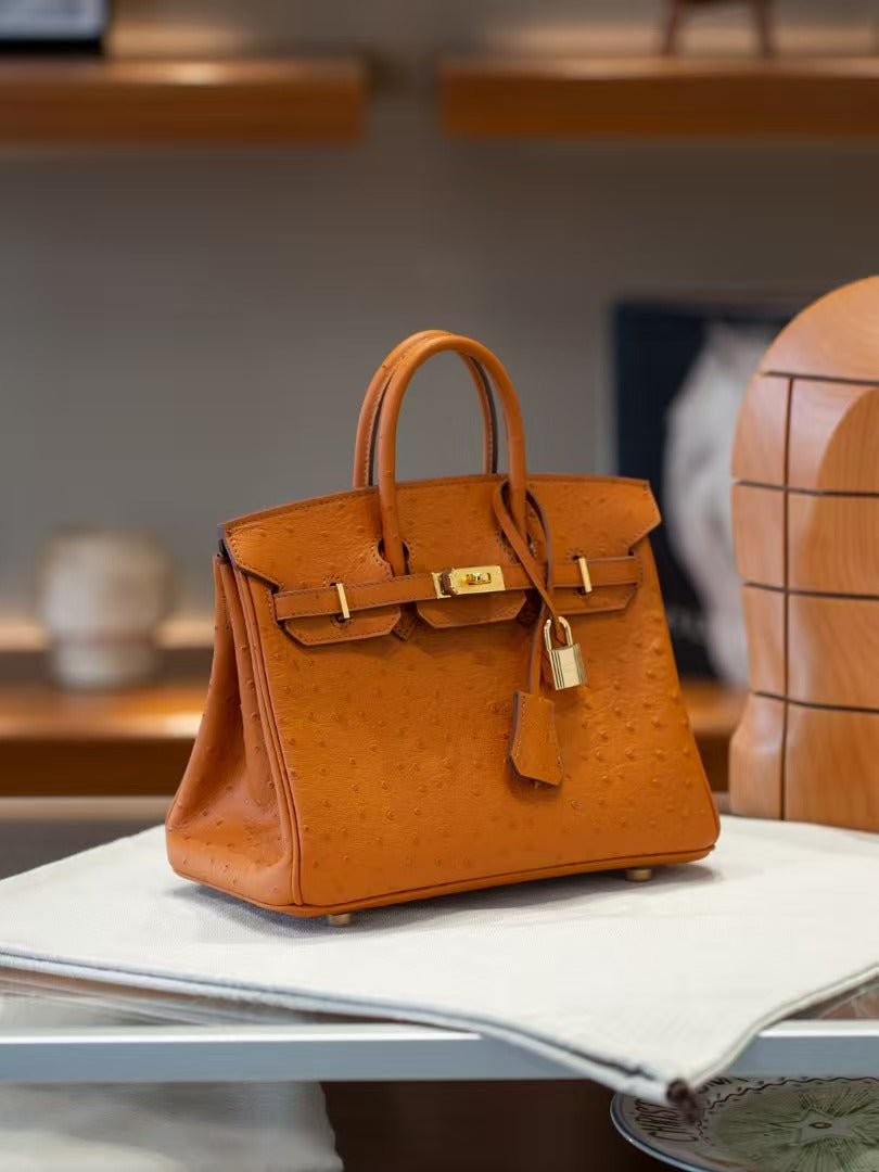 Genuine Top Layer Cowhide Ostrich-Embossed Birkin-Style Bag for Women, New Large Capacity Casual Top Handle Handbag, Premium Leather Purse for Ladies