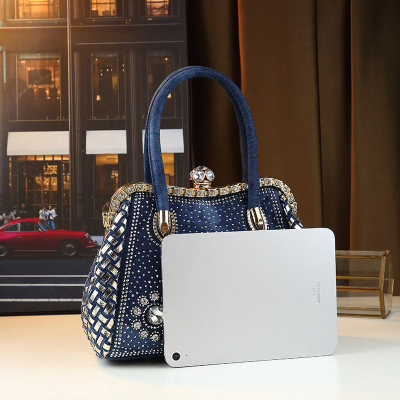 New Arrival Denim Rhinestone-Embellished Commuter Bag for Women, A Large Capacity Shoulder Crossbody Clutch with Trendy Fashionable Design