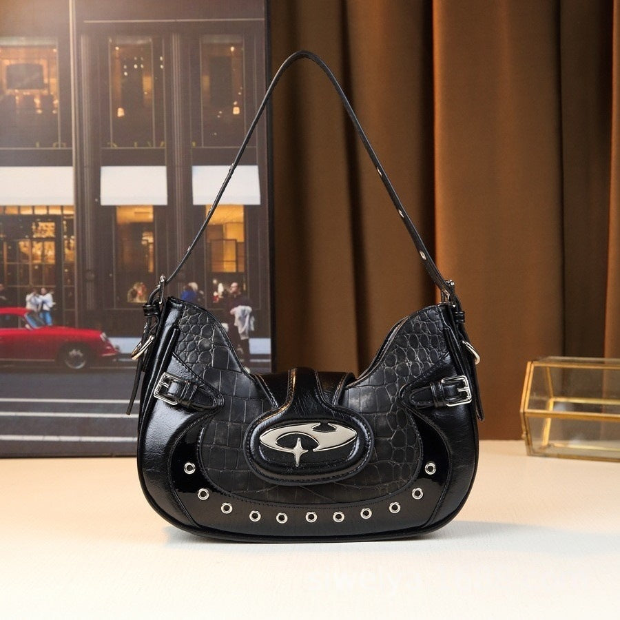 Chic Croc-Effect Biker Crescent Bag for Women, A Trendy Top-Handle Shoulder Crossbody Underarm Purse with Unique Edgy Design, Perfect for Everyday Style