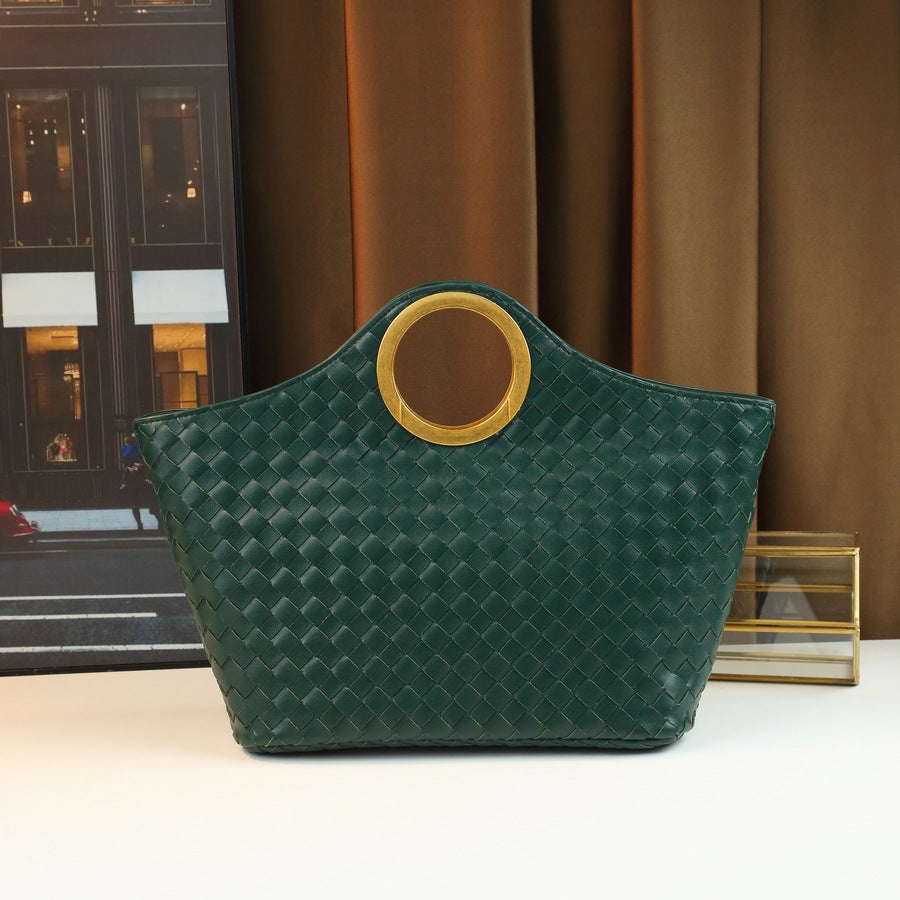 Handwoven Genuine Leather Basket Tote Bag for Women with Ring Handle, Large Capacity Shoulder Shopping Handbag with Artisan Craftsmanship