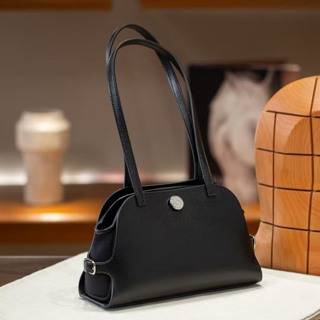 Genuine Top Layer Calfskin Leather Bag for Women, Tabier Premium Shoulder Top Handle Purse with Leather Trim, Footed Studs, Logo Plaque, and Full Steel Hardware for Ladies