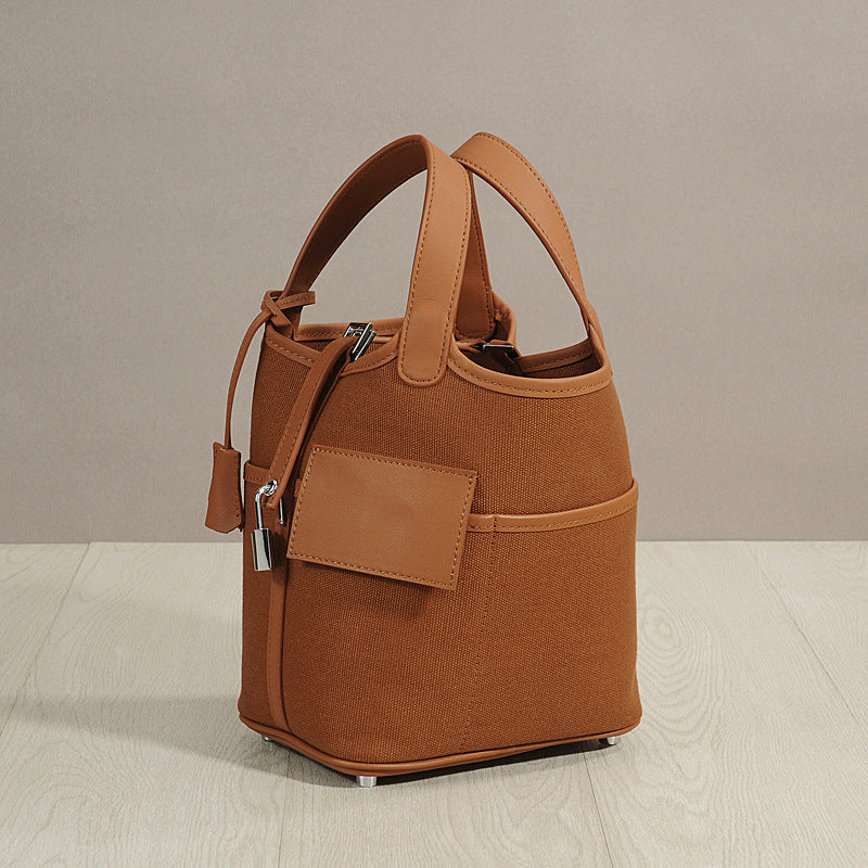 Genuine Smooth Cowhide Canvas Patchwork Bucket Bag for Women, Waxed Thread Stitched Top Handle Crossbody Basket Purse, Casual Tote Handbag with Pocket Detail for Ladies