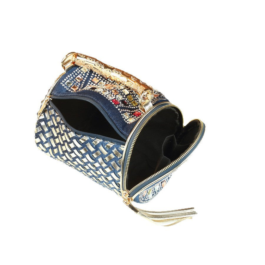 New Spring/Summer Colorful Rhinestone Cylinder Bag for Women, A Spring/Summer American Style Woven Shoulder Crossbody Handbag with Sparkly Design