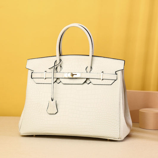 Classic Croc-Embossed Birkin-Inspired Tote Bag for Women, Large Capacity Turn-Lock Shoulder Crossbody Handbag with Vintage European Style, Versatile Everyday Purse