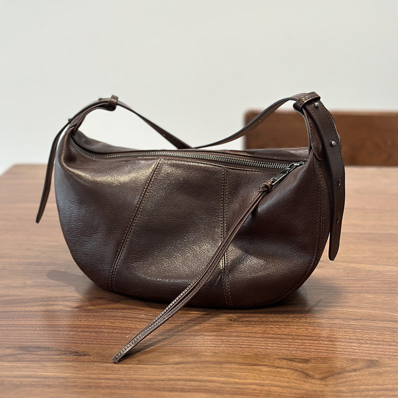 Genuine Top Layer Cowhide Saddle Bag for Women, New Casual Crescent Crossbody Shoulder Purse, Premium Leather Handbag for Ladies