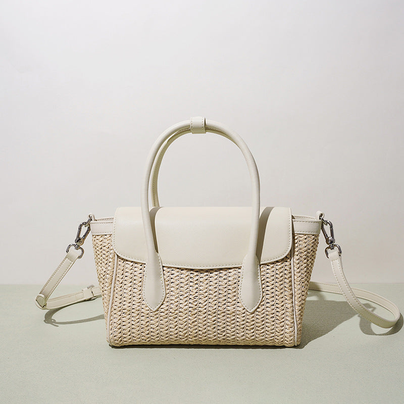 New Spring Summer Light Luxury Woven Cowhide Bag, Niche Designer Minimalist Crossbody Shoulder Top Handle Purse, Premium Handbag for Women