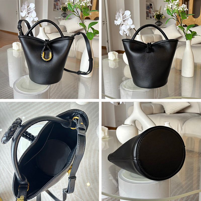 Genuine Cowhide Handwoven Bucket Bag with U-Buckle, New Vintage Shoulder Crossbody Top Handle Purse, Premium Handwoven Handbag for Ladies