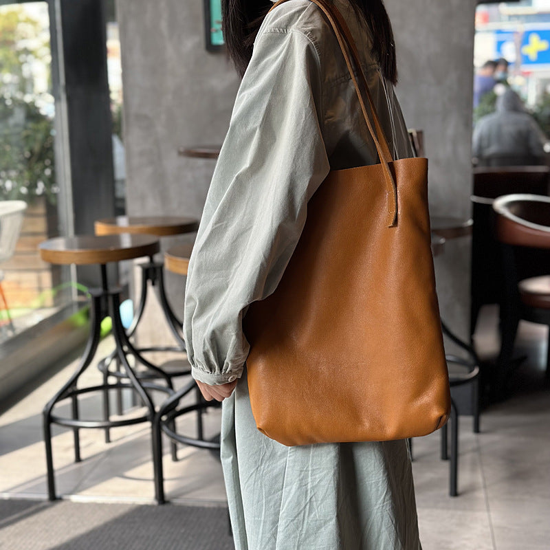 Genuine Top Layer Cowhide Tote Bag for Women, New Spring Minimalist Casual Shoulder Purse, Lightweight Versatile Shopping Handbag for Ladies