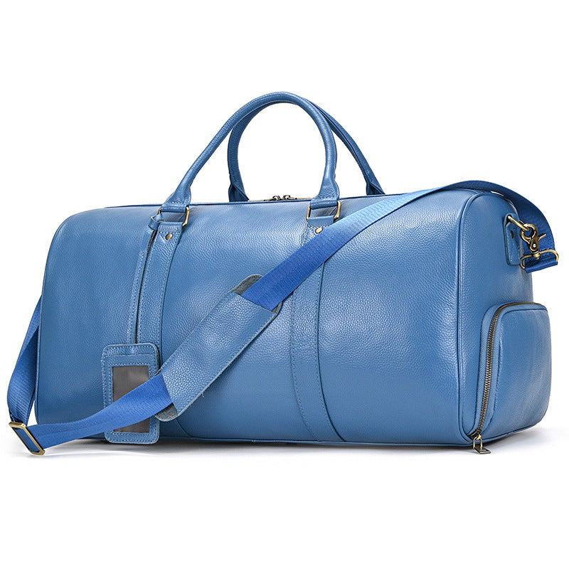 Blue Vintage Genuine Leather Travel Duffle, Large Capacity Gym Bag with Shoe Compartment, Shoulder Crossbody Weekender for Men and Women