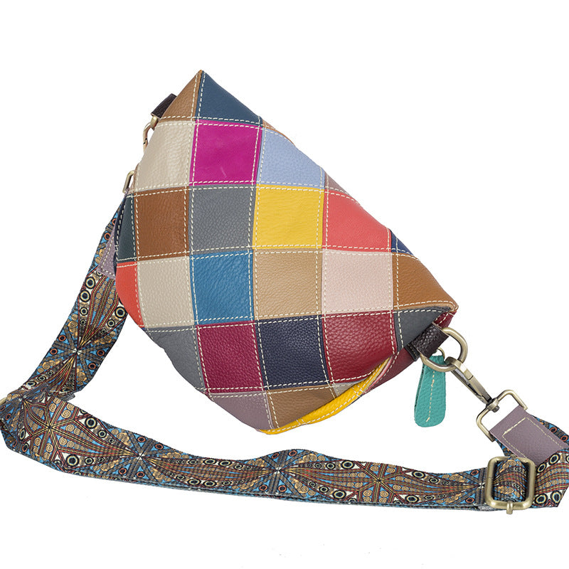 Genuine Top Layer Cowhide Colorful Patchwork Bag for Women, New Wide Strap Shell Crossbody Shoulder Purse, Trendy Dumpling Handbag for Ladies