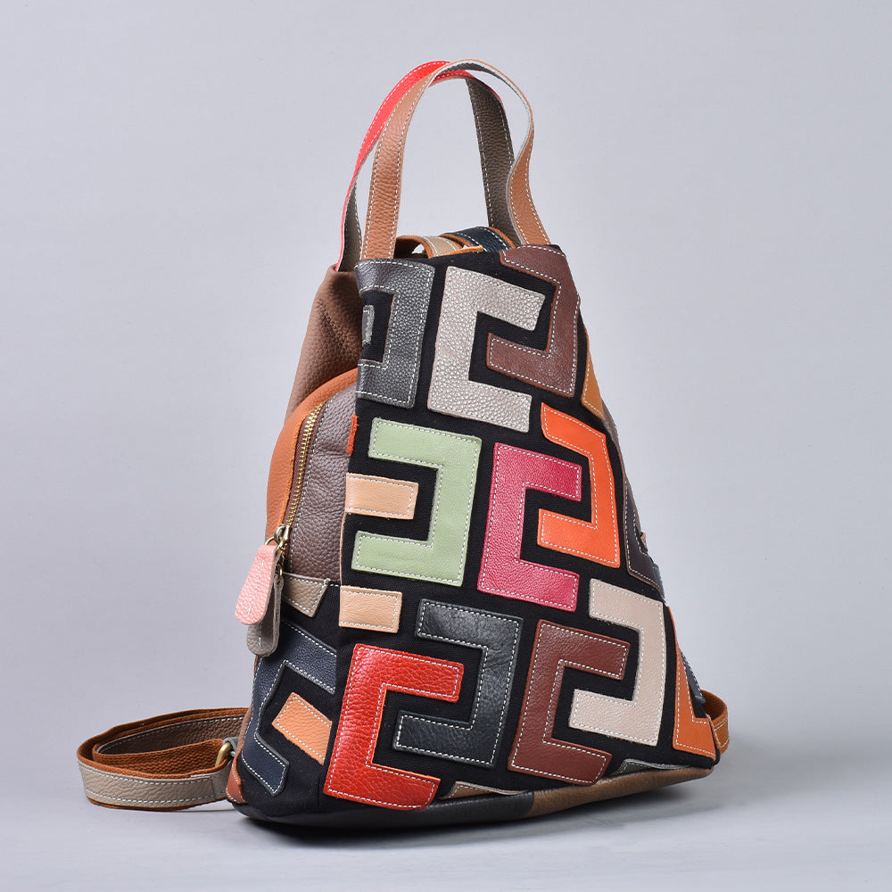 Genuine Top Layer Cowhide Geometric Patchwork Backpack for Women, Vintage Academic Casual Multifunctional Daypack, Versatile Leather Bag for Ladies