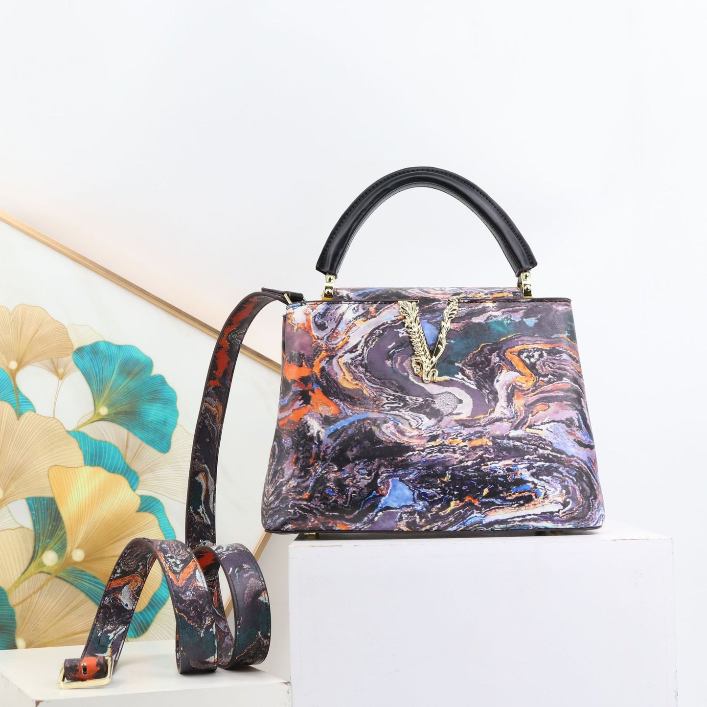 Genuine Leather Fashionable Printed Handbag, Top Handle Crossbody Purse for Ladies