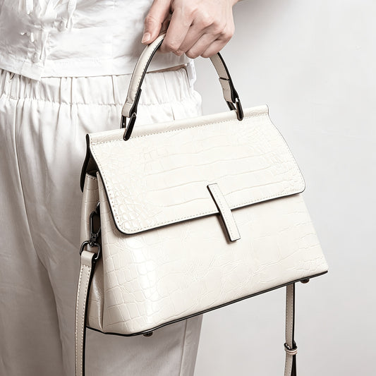 Genuine Waxed Cowhide Crocodile-Embossed Crossbody Bag for Women, New Versatile Shoulder Top Handle Purse, Fashionable Everyday Handbag for Ladies