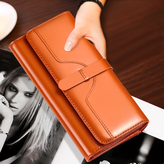 Genuine Cowhide Long Tri-Fold Wallet for Women, Snap Button Multi-Card Large Capacity Clutch Purse, Premium Leather Money Holder for Ladies