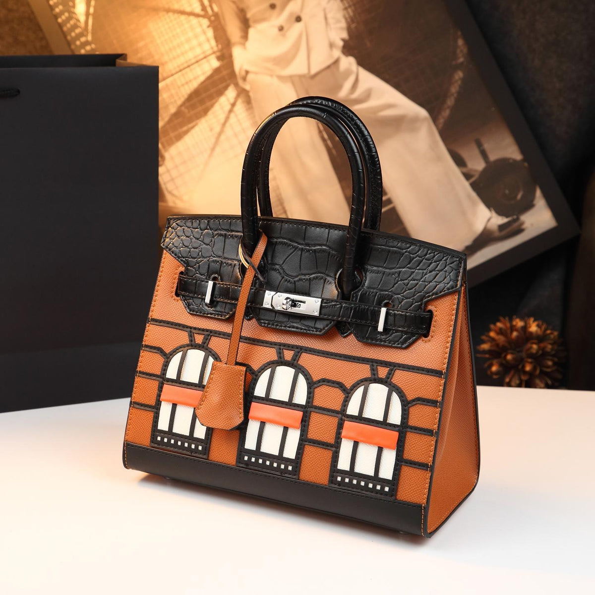 Chic Croc-Embossed Birkin-Inspired Tote Bag for Women, Premium Genuine Leather Top-Handle Shoulder Crossbody Handbag with Sophisticated Elegant Design, Trendy Everyday Purse
