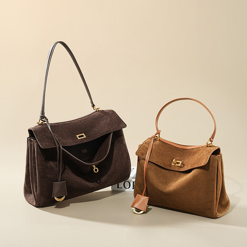 Genuine Suede Matte Cowhide Rodeo Tote Bag for Women, Structured Underarm Shoulder Purse, Large Capacity Premium Commute Handbag for Ladies