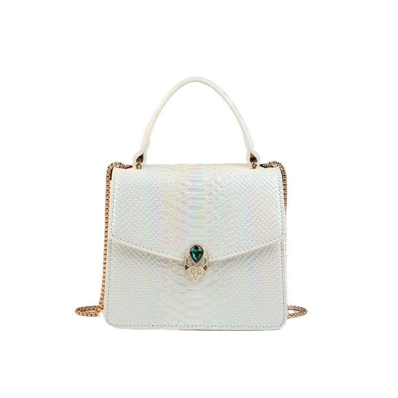Genuine Leather Ostrich-Embossed Snake Head Mini Bag for Women, Light Luxury Accordion Chain Shoulder Crossbody Purse, Elegant Small Square Bestseller for Ladies