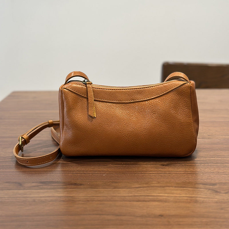 Genuine Top Layer Vegetable-Tanned Cowhide Bag for Women, New Spring Minimalist Brown Yellow Shoulder Crossbody Purse, Small Leather Handbag for Ladies