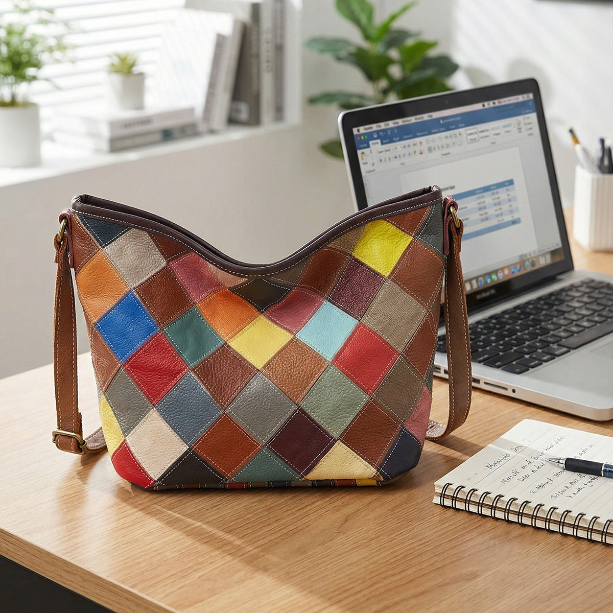 Premium Handcrafted Plaid Color-Block Genuine Leather Bag for Women | Large-Capacity Cowhide Cross-Body Shoulder Purse with Unique Artistic Design | Versatile Everyday Handbag for Work, Errands & Travel | Trendy Statement Accessory with Bohemian Flai