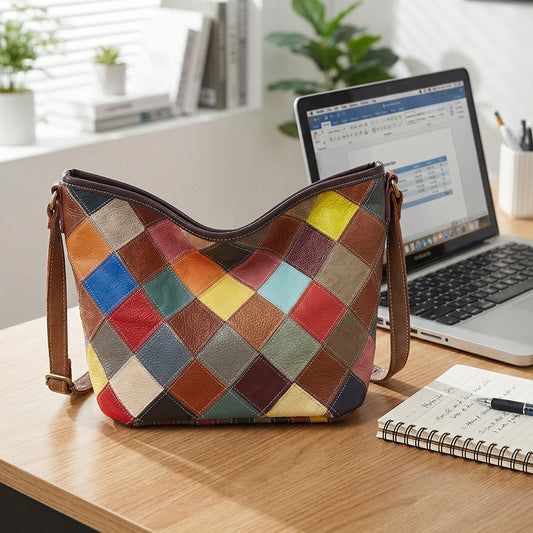 Premium Handcrafted Plaid Color-Block Genuine Leather Bag for Women | Large-Capacity Cowhide Cross-Body Shoulder Purse with Unique Artistic Design | Versatile Everyday Handbag for Work, Errands & Travel | Trendy Statement Accessory with Bohemian Flai