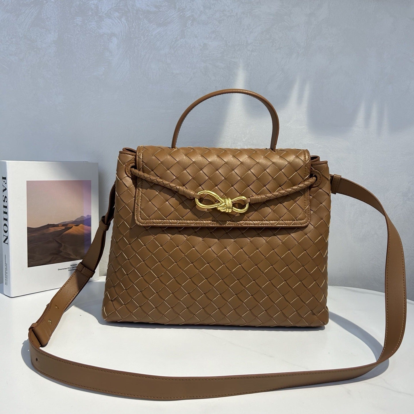 Genuine Leather Woven Tote with Butterfly Gold Buckle Flap, Large Commuter Shoulder & Crossbody Bag for Women