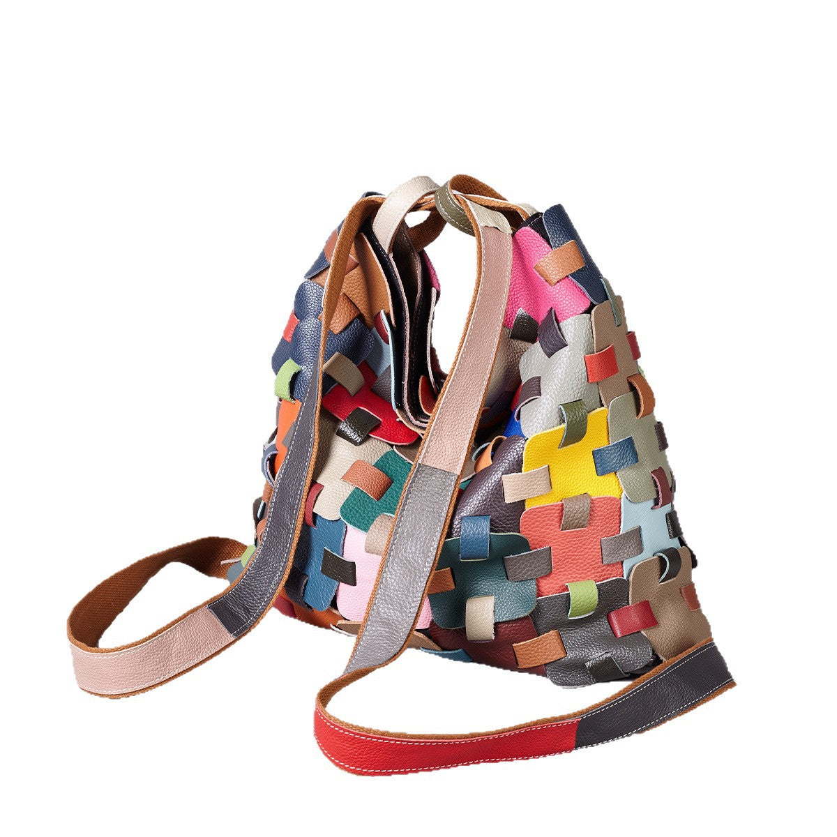 Premium Handcrafted Color-Block Leather Basket Bag for Women | Genuine Leather 2-in-1 Convertible Shoulder Backpack with Vibrant Multi-Color Patchwork | Trendy Casual Everyday Purse for Travel, Shopping & Errands | Unique Artistic Handbag with Versat