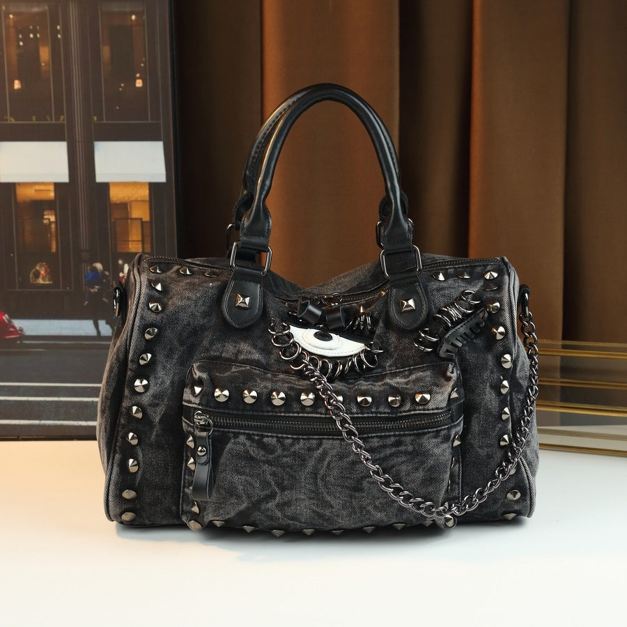 Denim Rivet Chain Bag for Women Casual Stylish Top Handle Shoulder Crossbody Purse, Large Capacity Handbag with Trendy Hardware Accents