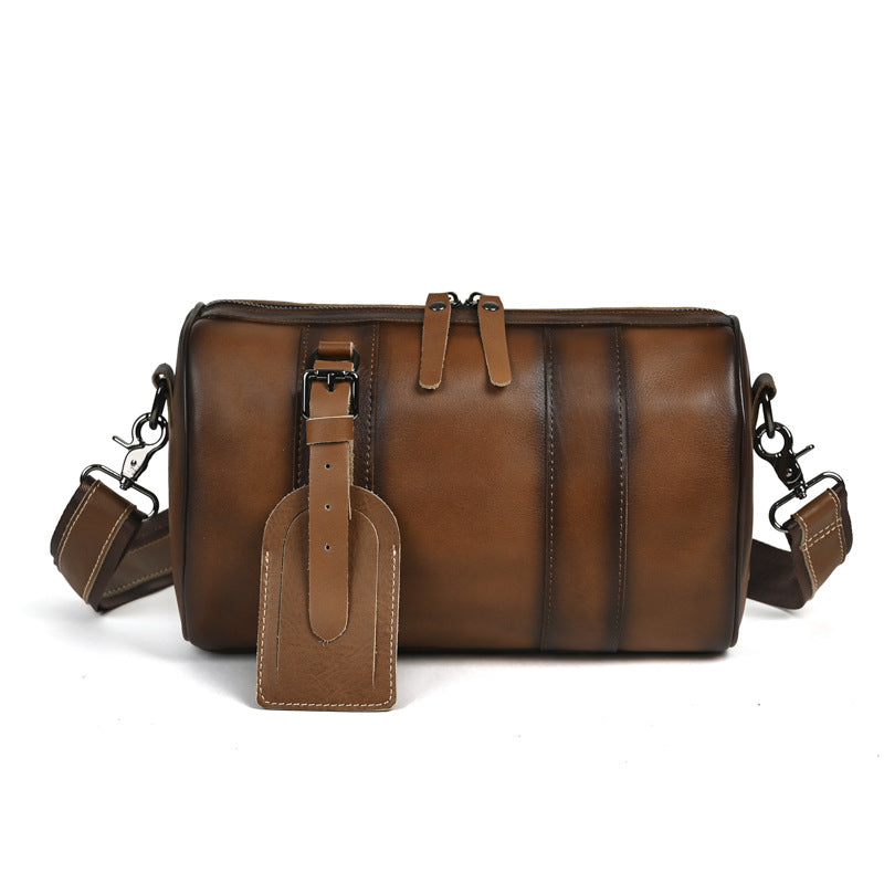 Men's Vintage Top Grain Cowhide Crossbody Bag Round Barrel Casual Messenger Large Capacity Shoulder Satchel