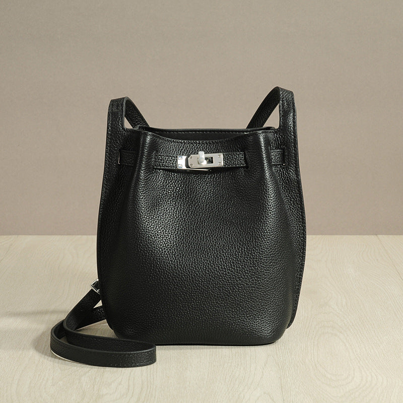 Genuine Top Layer Cowhide Kelly-Style Bucket Bag for Women, Casual Lock Buckle Crossbody Shoulder Purse, Versatile Everyday Handbag for Ladies