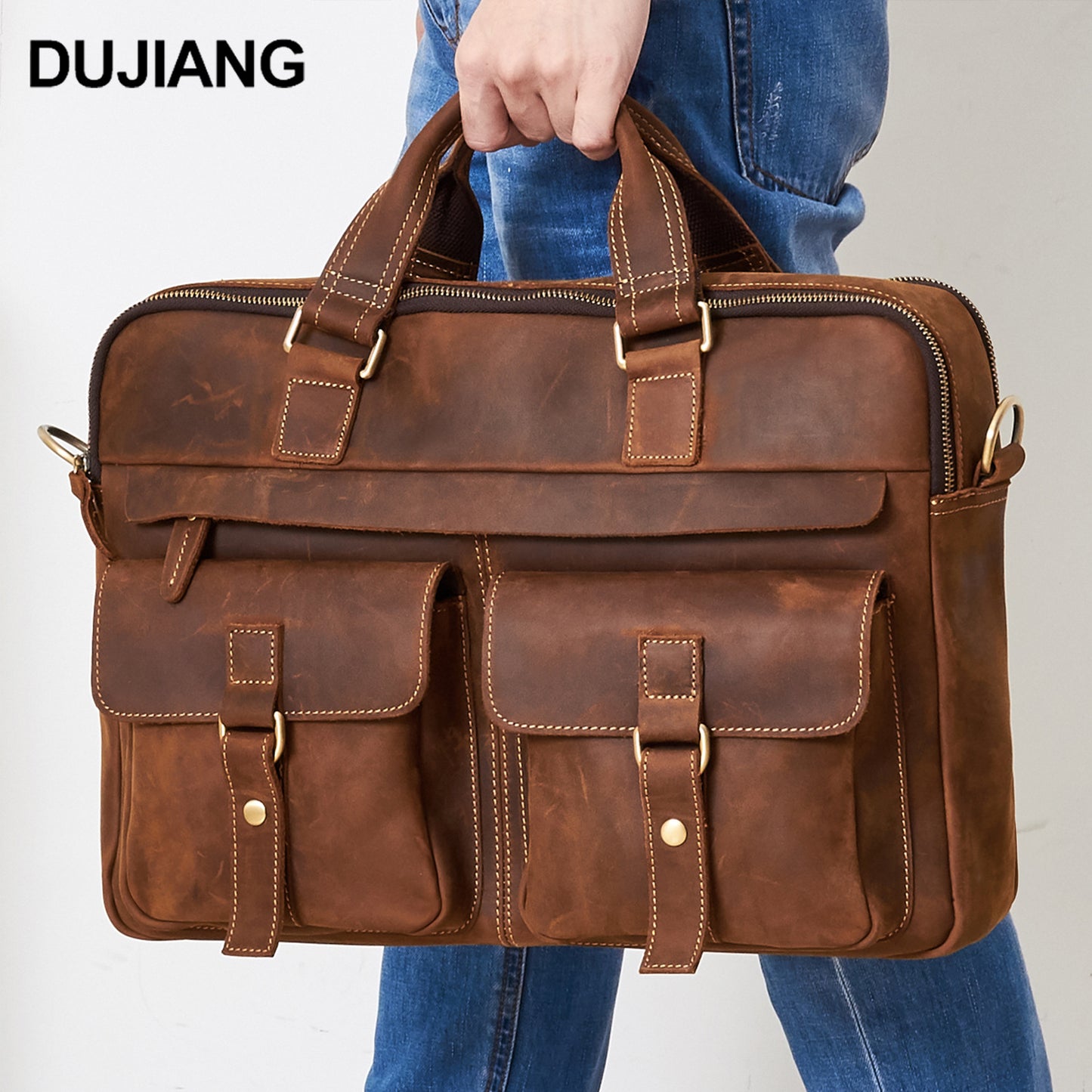 Genuine Crazy Horse Leather Briefcase for Men, Business Commute Top Handle Bag, Multifunctional Laptop Computer Work Bag for Office