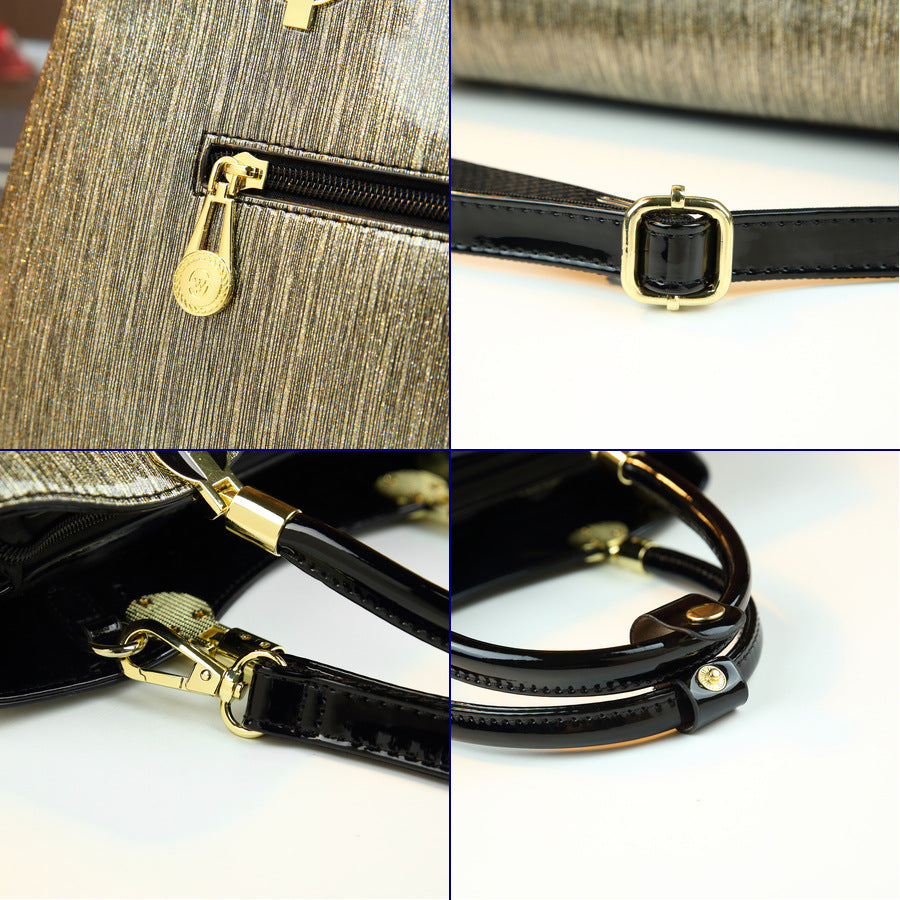 Gold-Tone Patent Leather Boston Bag for Women Large Capacity Shoulder Handbag, Vintage Luxurious Purse with Glossy Metallic Finish for Moms