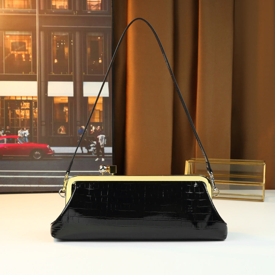 French Stone Grain Baguette Bag for Women Metal Clip Evening Shoulder Handbag, Large Capacity High-Fashion Purse with Elegant Texture