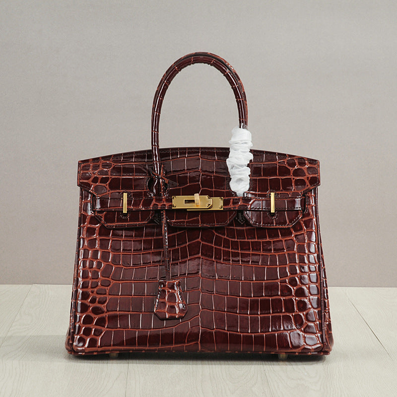 Genuine Leather Crocodile-Embossed Birkin-Style Bag for Women, New Large Capacity Commute Top Handle Shoulder Crossbody Purse, Fashionable Versatile Handbag for Ladies