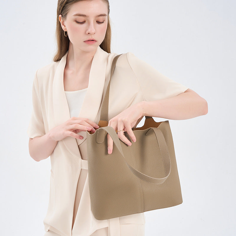 Genuine Leather Bucket Tote Bag for Women Large Capacity Commuter Shoulder Handbag, Practical Cowhide Purse with Versatile Everyday Style